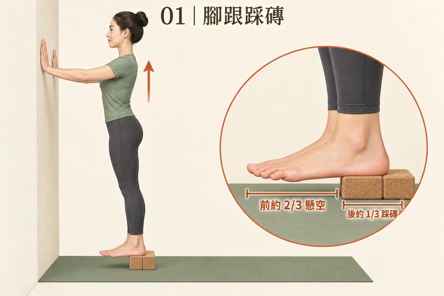 圖 01：後約三分之一的腳跟區域踩磚；前部懸空。全身圖與放大圖呈現相同支撐位置。比例為示意，非精確測量。