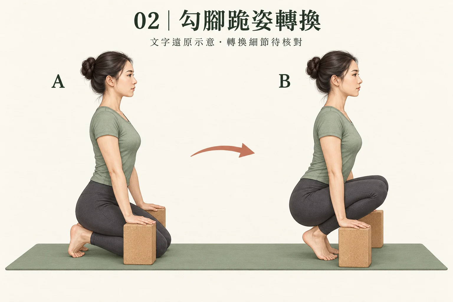 圖 02：勾腳跪姿與提膝後支撐位置的文字還原示意。完整轉換路徑尚待核對，勿只憑此圖首次嘗試。