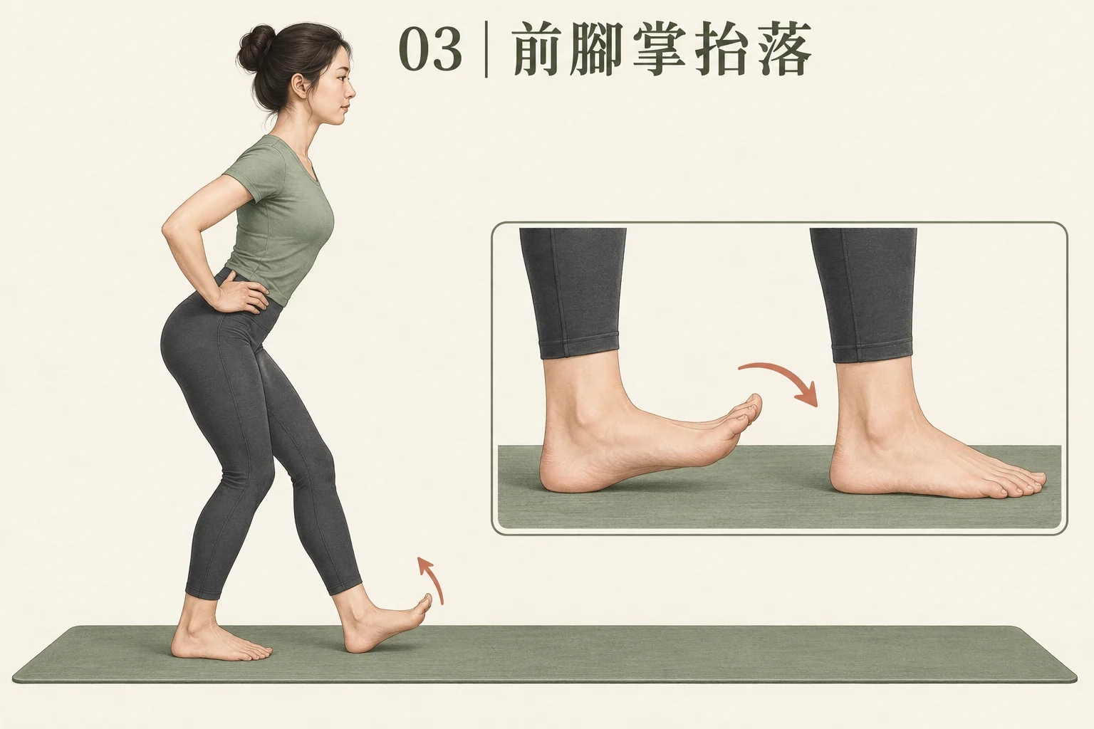 圖 03：前腳跟持續接觸地面，從腳踝帶動前腳掌抬落。