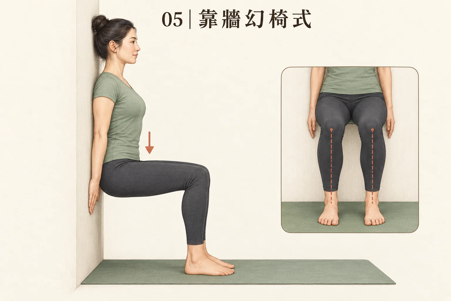 圖 05：靠牆下蹲的側面位置，以及膝蓋與腳尖方向示意；下蹲深度依能力調整。