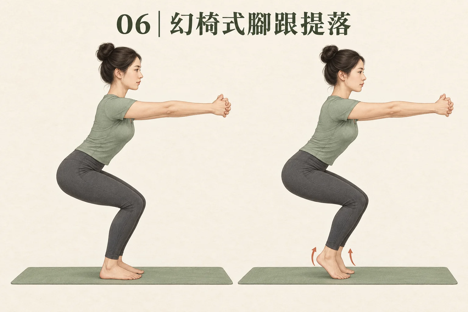 圖 06：幻椅式腳跟著地與抬起兩個位置；抬起時由前腳掌支撐。
