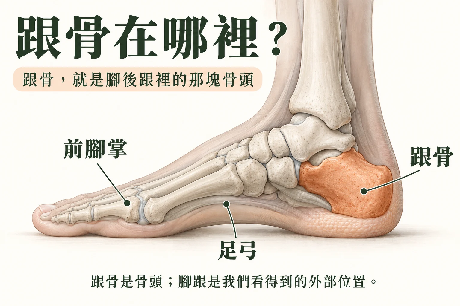 跟骨位置示意：橘色區域位於腳後跟內部、踝關節下方；另標示足弓與前腳掌